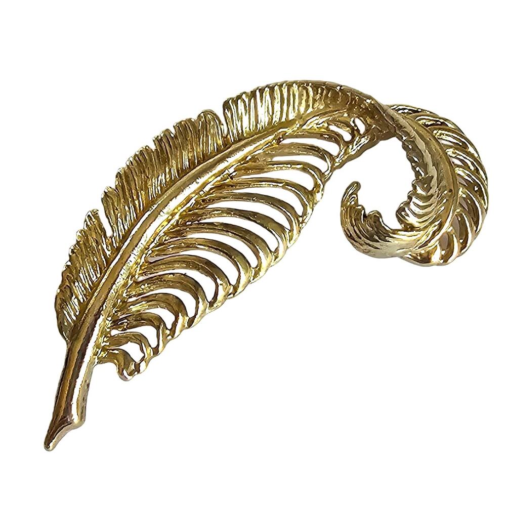 Vintage Feather Brooch Women's Scrolled Gold Tone Unsigned Hollywood Regency